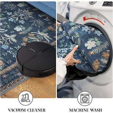 Boho 2x3 Entryway Rug Navy Floral, Super Thin, Non-Slip, Soft Area Rug
