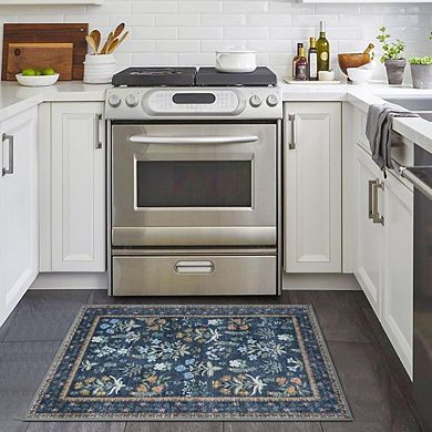 Boho 2x3 Entryway Rug Navy Floral, Super Thin, Non-Slip, Soft Area Rug