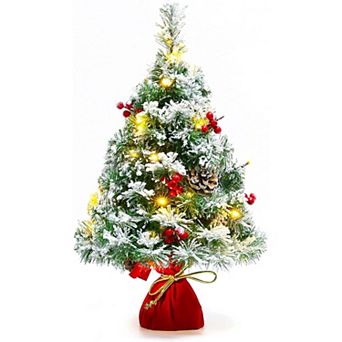 21.6" Snow‑Flocked Artificial Christmas Tree with 30 LED Lights & Pine Cone Decorations