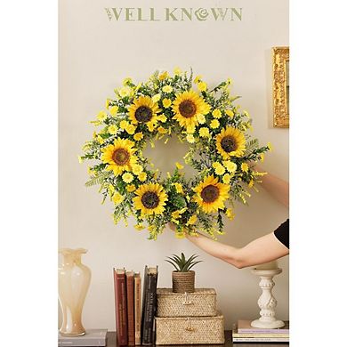 21 Inch Sunflower Wreath for Front Door, Yellow Spring Summer Decor