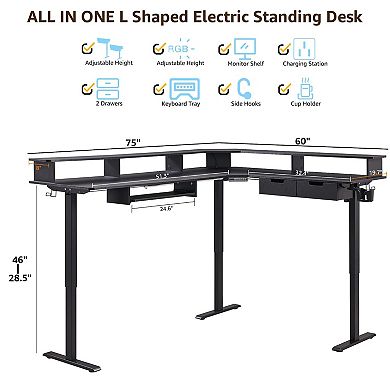 75" L-Shaped Electric Standing Desk Gaming Corner with Drawers Keyboard Tray Outlets LED