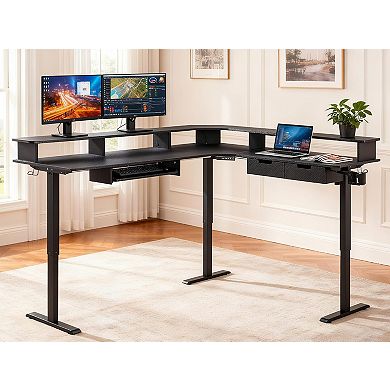 75" L-Shaped Electric Standing Desk Gaming Corner with Drawers Keyboard Tray Outlets LED