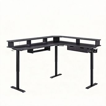 75" L-Shaped Electric Standing Desk Gaming Corner with Drawers Keyboard Tray Outlets LED