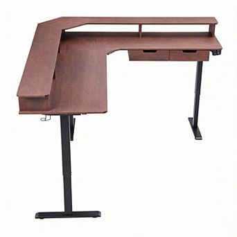 75" L-Shaped Electric Standing Desk Gaming Corner with Drawers Keyboard Tray Outlets LED