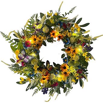 22 Inch Sunflower and Daisy Wreath with Eucalyptus and Fairy Lights