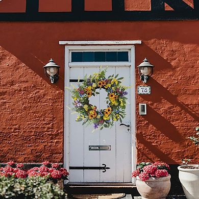 22 Inch Sunflower and Daisy Wreath with Eucalyptus and Fairy Lights