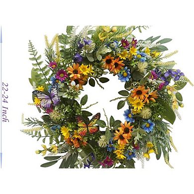 22 Inch Sunflower and Daisy Wreath with Eucalyptus and Fairy Lights