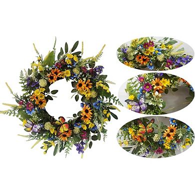 22 Inch Sunflower and Daisy Wreath with Eucalyptus and Fairy Lights