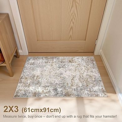 2x3 Neutral Abstract Rug Low-Pile, Non-Slip, Washable Mat