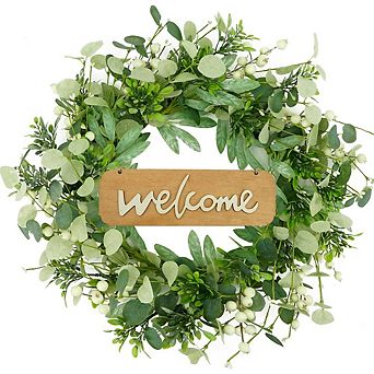 Eucalyptus Wreath with Welcome Sign Farmhouse Front Door Decor for All Seasons, Indoor/Outdoor