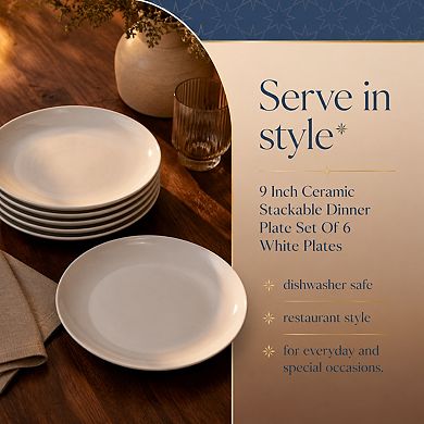 6 Piece White Ceramic Dinner Plates Stackable Microwave Dishwasher Safe