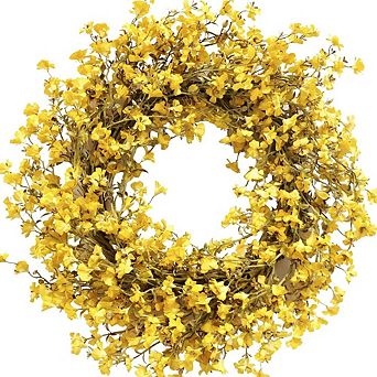 22 Inch Yellow Forsythia Flower Wreath for Front Door and Home Decor