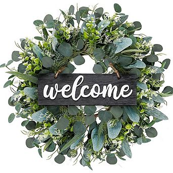 24 Inch Eucalyptus Floral Wreath with Yellow & White Blossoms for Front Door