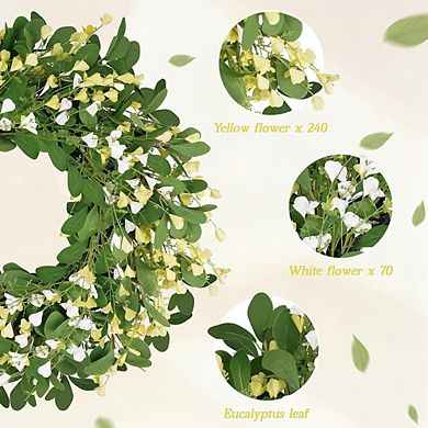 24 Inch Eucalyptus Floral Wreath with Yellow & White Blossoms for Front Door