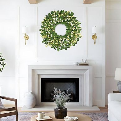 24 Inch Eucalyptus Floral Wreath with Yellow & White Blossoms for Front Door