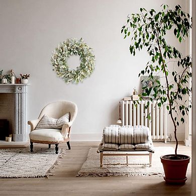 24" Ivory Flower Wreath with Lamb Ears Leaves, Rustic Farmhouse Decor