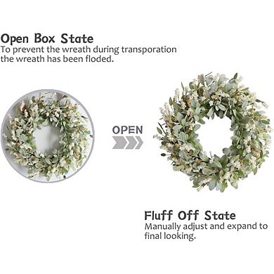 24" Ivory Flower Wreath with Lamb Ears Leaves, Rustic Farmhouse Decor