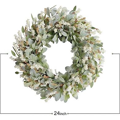 24" Ivory Flower Wreath with Lamb Ears Leaves, Rustic Farmhouse Decor