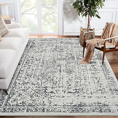 Vintage Low-Pile Area Rug - Stain & Slip Resistant, Non-Shedding Soft Carpet for Bedroom, Dining