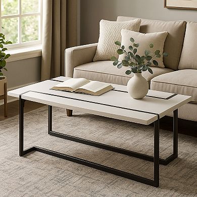 Iry Coffee Table, Black Steel Sled Base, 47 Inch, Gloss White Lacquer Top