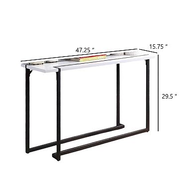 Iry Sofa Console Table, Black Steel Sled Base, 47 Inch, White Lacquer