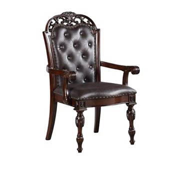 Eva Carved Dining Armchair Set of 2, Brown Tufted Faux Leather, Cherry