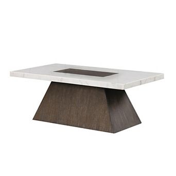 Asten Coffee Table, 48 Inch White Marble, Walnut Brown Pedestal Base