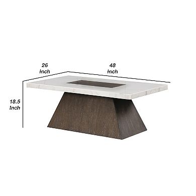 Asten Coffee Table, 48 Inch White Marble, Walnut Brown Pedestal Base