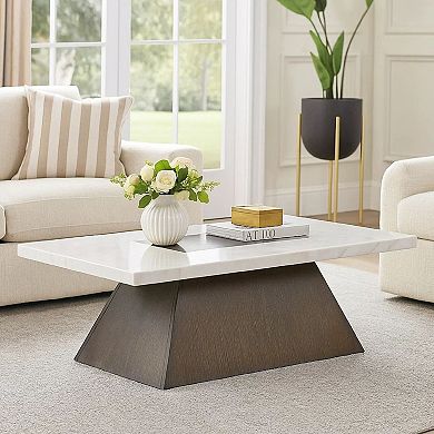 Asten Coffee Table, 48 Inch White Marble, Walnut Brown Pedestal Base
