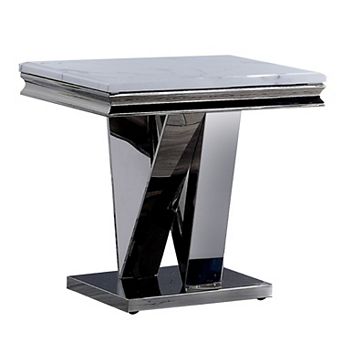 Vily Side End Table, 24 Inch Faux Marble Top, V-Style Chrome Pedestal