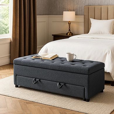 Kenny Ottoman, Underseat Drawer, Button Tufted Boucle