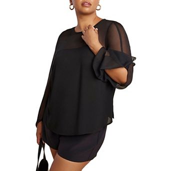 ELOQUII Women's Plus Size Draped Sheer Sleeve Blouse