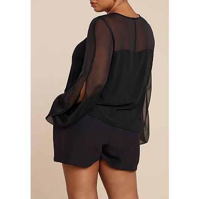 ELOQUII Women's Plus Size Draped Sheer Sleeve Blouse