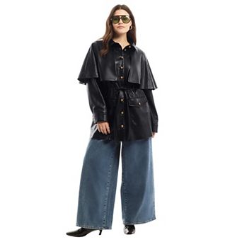 June + Vie Women's Plus Size Faux Leather Cape Jacket