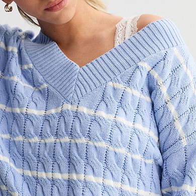 Juniors' Pink Republic V-Neck Cable Pullover Sweater