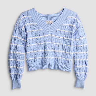 Juniors' Pink Republic V-Neck Cable Pullover Sweater