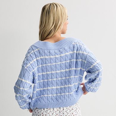 Juniors' Pink Republic V-Neck Cable Pullover Sweater