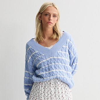 Juniors' Pink Republic V-Neck Cable Pullover Sweater