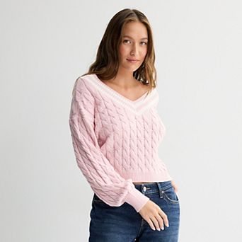 Juniors' Pink Republic V-Neck Cable Pullover Sweater