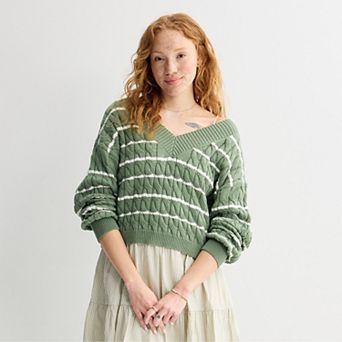 Juniors' Pink Republic V-Neck Cable Pullover Sweater