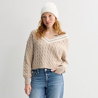 Juniors' Pink Republic V-Neck Cable Pullover Sweater