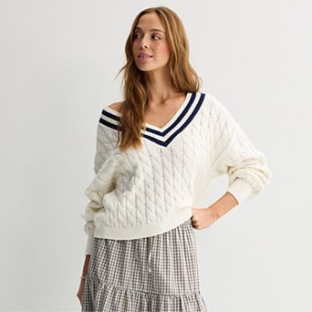 Juniors' Pink Republic V-Neck Cable Pullover Sweater