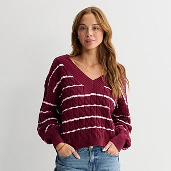 Juniors' Pink Republic V-Neck Cable Pullover Sweater