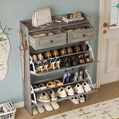 Farmhouse Entryway Shoe Cabinet with Flip Drawers and Hooks