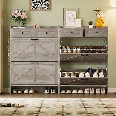 Farmhouse Entryway Shoe Cabinet with Flip Drawers and Hooks