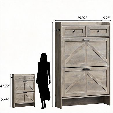 Farmhouse Entryway Shoe Cabinet with Flip Drawers and Hooks