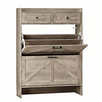 Farmhouse Entryway Shoe Cabinet with Flip Drawers and Hooks