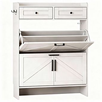 Farmhouse Entryway Shoe Cabinet with Flip Drawers and Hooks