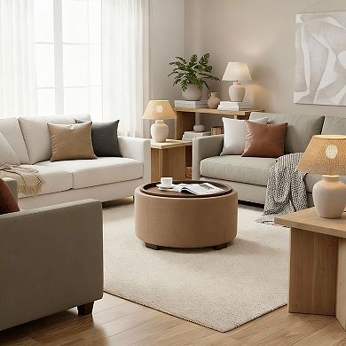 30" Round Storage Ottoman Coffee Table with Lift-off Lid and Solid Wood Legs