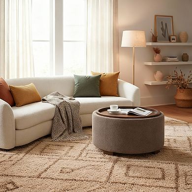 30" Round Storage Ottoman Coffee Table with Lift-off Lid and Solid Wood Legs